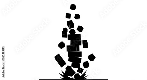 Stylized black cubes tumbling and scattering downwards, symbolizing collapse, failure, or a chaotic event.