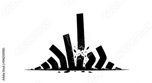 Black abstract bars, like a collapsing graph, shattering on a white background, symbolizing financial or economic crash.