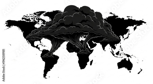 Dark storm clouds forming mushroom clouds over a world map, symbolizing global environmental crisis or disaster.