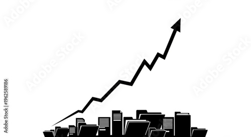 Upward trending stock market graph rising above a silhouette of office buildings and file folders, symbolizing business growth and success.