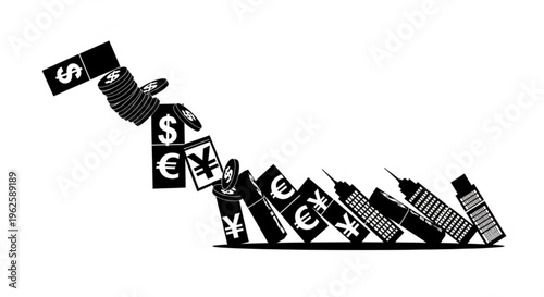 Domino effect of currency symbols and buildings falling, symbolizing global economic collapse and financial instability.