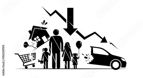 Family facing financial crisis with falling graph, broken house, shopping cart, and car symbolizing economic hardship.