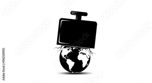 Cracked Earth globe being crushed by a heavy briefcase, symbolizing immense pressure on the global economy and business.