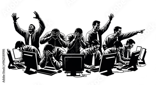 Stock traders experiencing extreme emotions of joy and despair while working at computers in a chaotic trading environment.