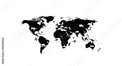 Global logistics network connecting continents with trucks, airplanes, and ships, illustrating international trade and transportation routes.