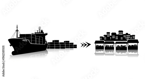 Cargo ship delivering containers to a bustling marketplace with stalls and buildings, symbolizing distribution.