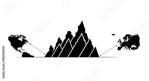 Conceptual illustration of North America and Europe separated by a mountain range, symbolizing distance or barriers to connection.