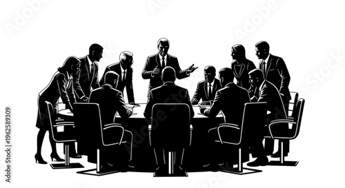 Diverse group of business professionals in a silhouette meeting around a table, discussing strategy and making decisions.