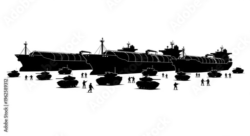 Military tanks and soldiers on a white background with large cargo ships, symbolizing naval power, logistics, and potential conflict.
