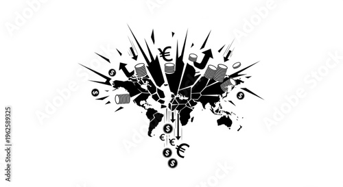 Global economic crisis illustration with crashing world map, falling currency symbols, and rising arrows, symbolizing financial instability.