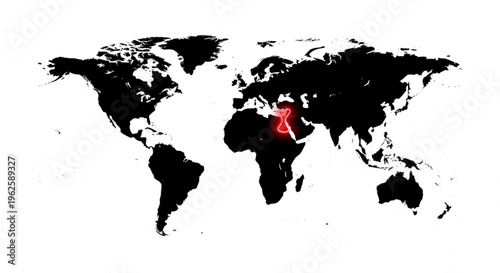 World map with glowing red hourglass highlighting the Middle East, symbolizing time running out or a critical geopolitical situation.