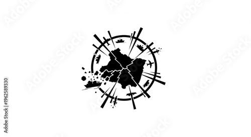 Global conflict and military power illustrated with a world map surrounded by military vehicles, ships, and aircraft, symbolizing war.