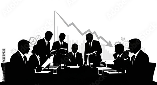 Business meeting silhouette with a downward trending graph, symbolizing financial loss, recession, or a failing company strategy.
