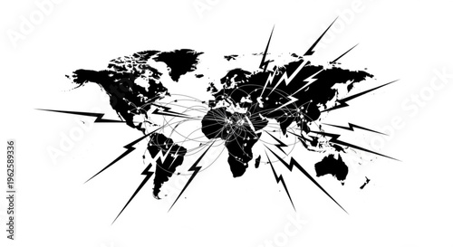 Global communication network and energy transfer illustrated with a world map, lightning bolts, and connecting lines, symbolizing connectivity.