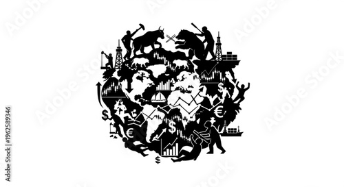 Global financial market concept with bulls, bears, and industry icons symbolizing economic growth and decline.
