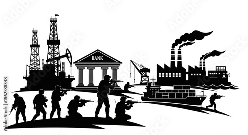 Military intervention in global finance and industry, with soldiers guarding banks, oil rigs, and factories.