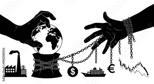 Humanity's control over the planet, with hands symbolizing industry, finance, and environmental impact.
