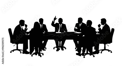 Business meeting in a boardroom with silhouettes of executives discussing strategy around a table.