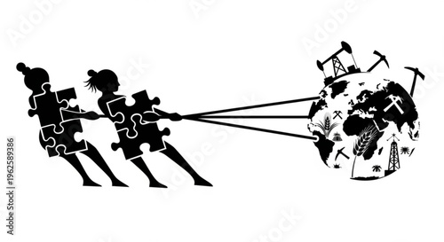 Two puzzle pieces forming figures pulling ropes connected to a globe with industrial and agricultural icons, symbolizing global effort.