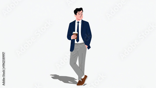 Business Young man in a blue blazer holding a coffee cup smiling Vector