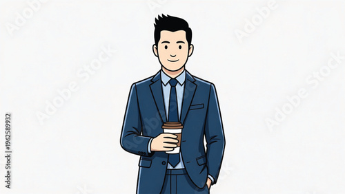 Business A cartoon man in a blue suit holding a coffee cup Vector
