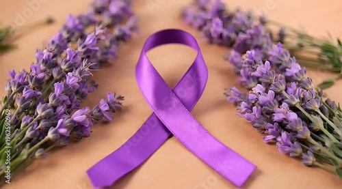 Purple awareness ribbon with lavender flowers on beige background