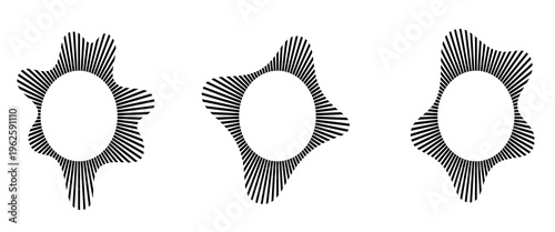 Radial wave sound lines. Circular frame. Sound circle ring. Wavy round frame. Radial sun rays symbol. Wavy geometric silhouette. Abstract design element. eps 10