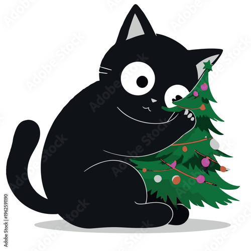 Sweet simple children vector illustration: Kitty play with christmas tree