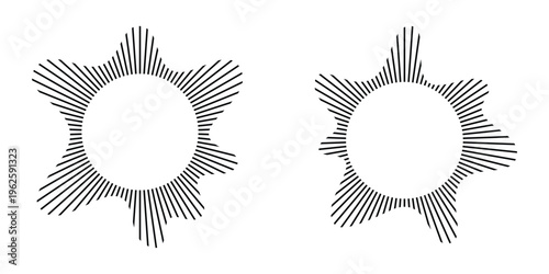 Radial wave sound lines. Circular frame. Sound circle ring. Wavy round frame. Radial sun rays symbol. Wavy geometric silhouette. Abstract design element. eps 10