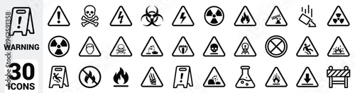 Safety and hazard warning icon set featuring caution signs, toxic symbols, electrical danger, biohazard, radiation, flammable, corrosive, slipping, and explosive risk markers