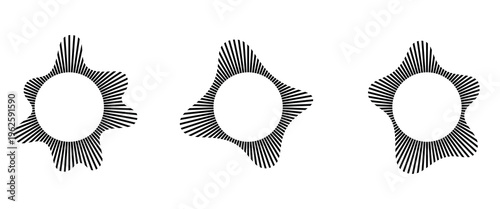 Radial wave sound lines. Circular frame. Sound circle ring. Wavy round frame. Radial sun rays symbol. Wavy geometric silhouette. Abstract design element. eps 10