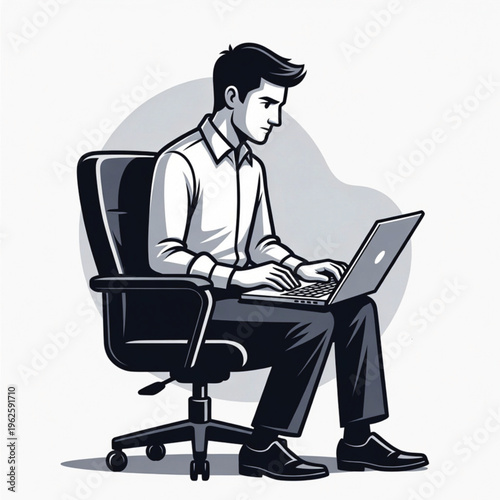 Business A man sitting on office chair and using a laptop computer device Vector