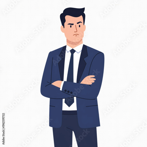 Business A man in a blue suit with his arms crossed looking unhappy Vector