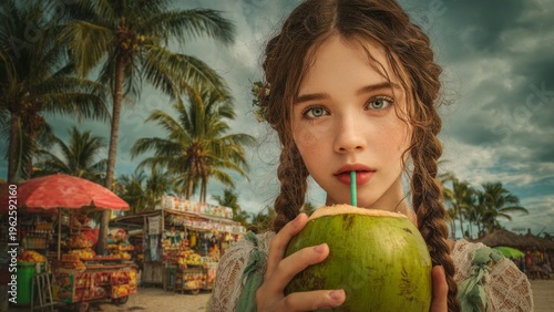 Young girl drinking coconut water on a tropical beach