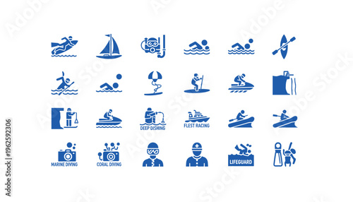 Collection of water sports icons for design and marketing needs