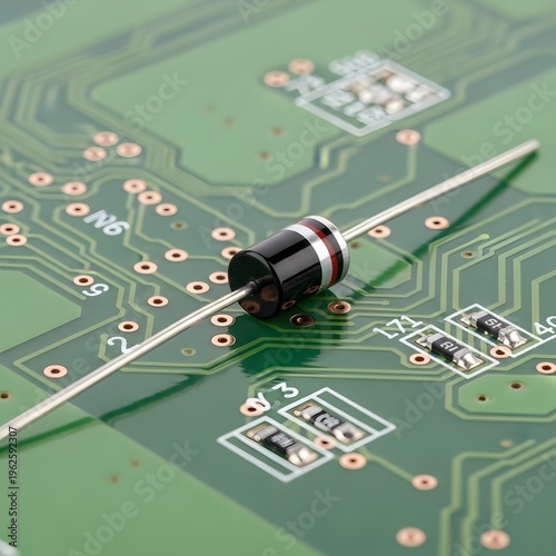 Diode electronic component on green printed circuit board background technology detail.