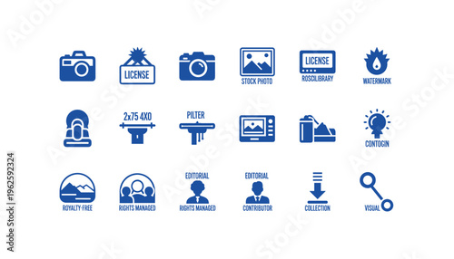 Stock photo licensing options and terms icons