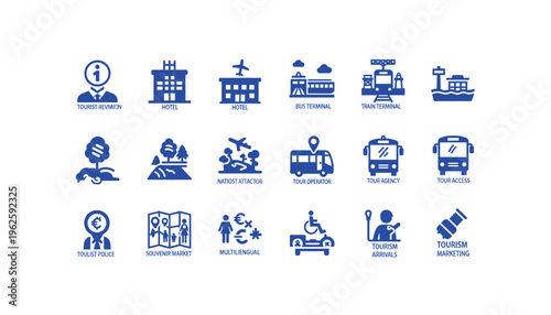 Tourism icons for travel and hospitality industry use