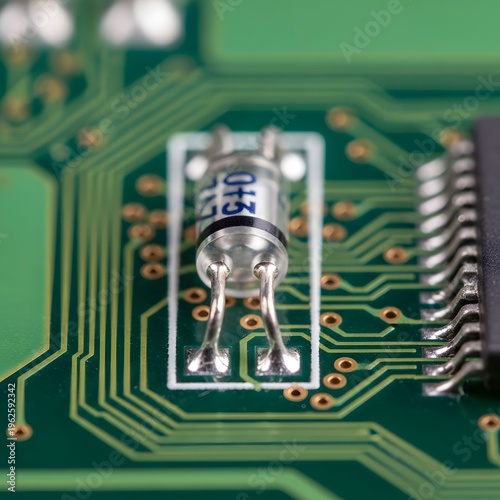 Closeup of electronic diode component soldered on green printed circuit board with other parts.