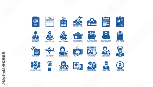 Visa application process icons for travel and immigration