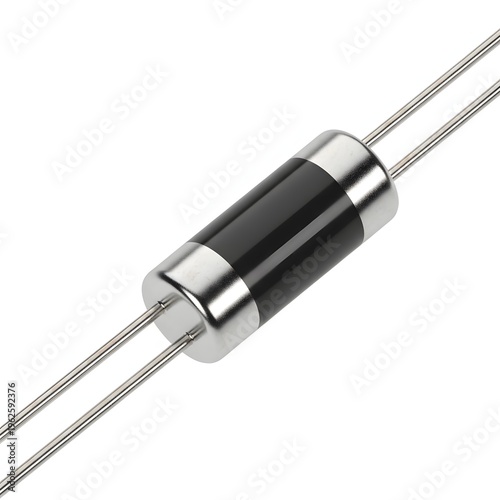 Studio shot of a diode with silver end caps and two silver leads against a white background.