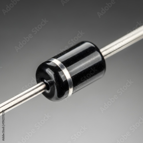 Close up shot of a black diode component with silver bands and leads on a gradient background.