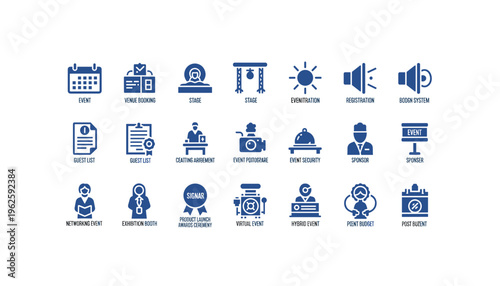 Event management icons set for conferences and exhibitions