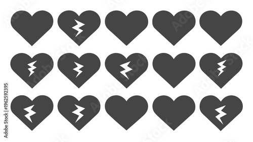 Grid of dark gray heart icons with cracked hearts on white background