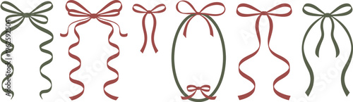 Collection of six decorative bows and ribbon in green and red
