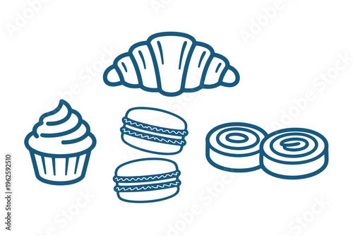Simple line of a croissant cupcake macarons and swiss rolls on a white background
