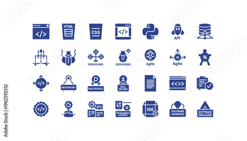 Software development icons collection in blue