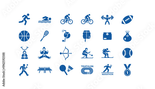 Collection of various sports icons and symbols in blue