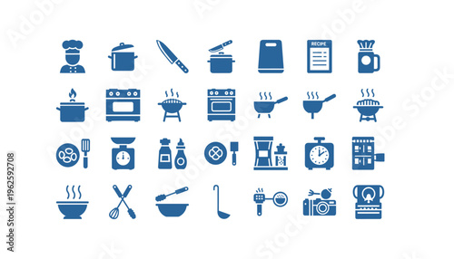 Cooking essentials and kitchen tools icons for culinary and recipe designs