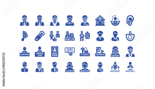 Elderly care and support icons for healthcare and social services